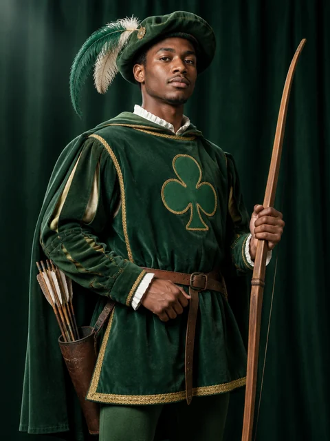 A forester in green with a feathered cap, holding a longbow.