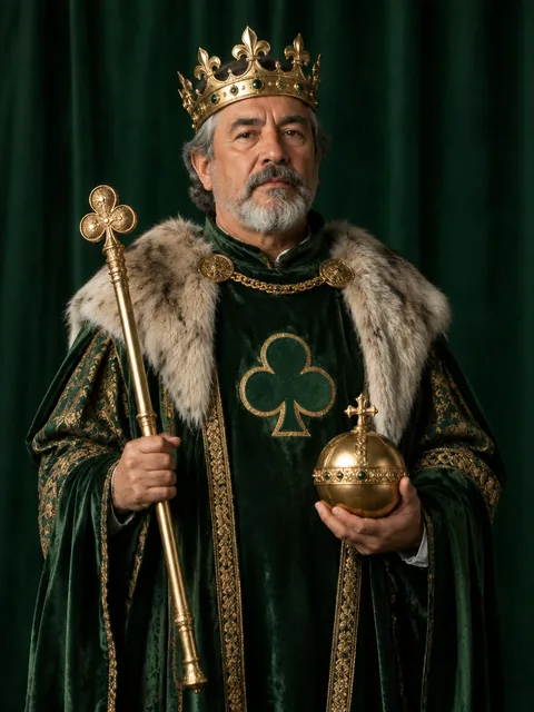 A king in forest-green wool and a fur collar, holding a golden orb and a scepter.