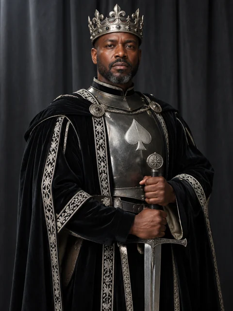 A warrior king in a steel breastplate and black velvet, holding a broad sword upright.