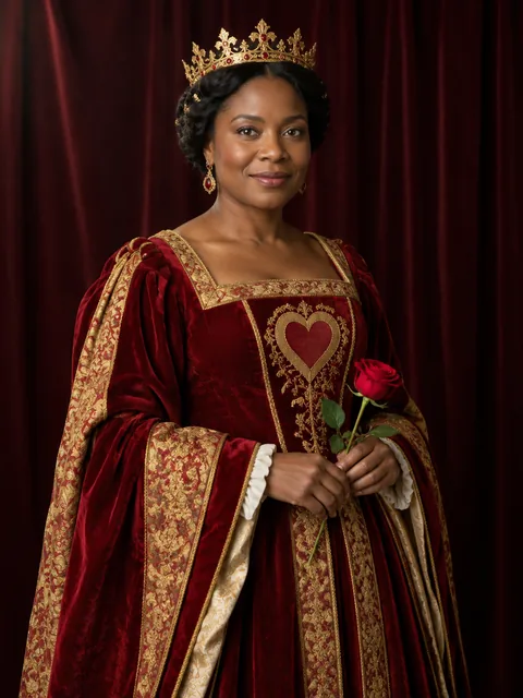 A queen in a crimson and gold gown with a gold crown, holding a red rose.