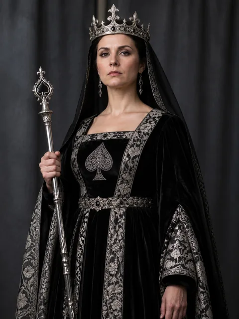 A queen in black velvet and silver brocade with a silver crown, holding a scepter topped with a spade.