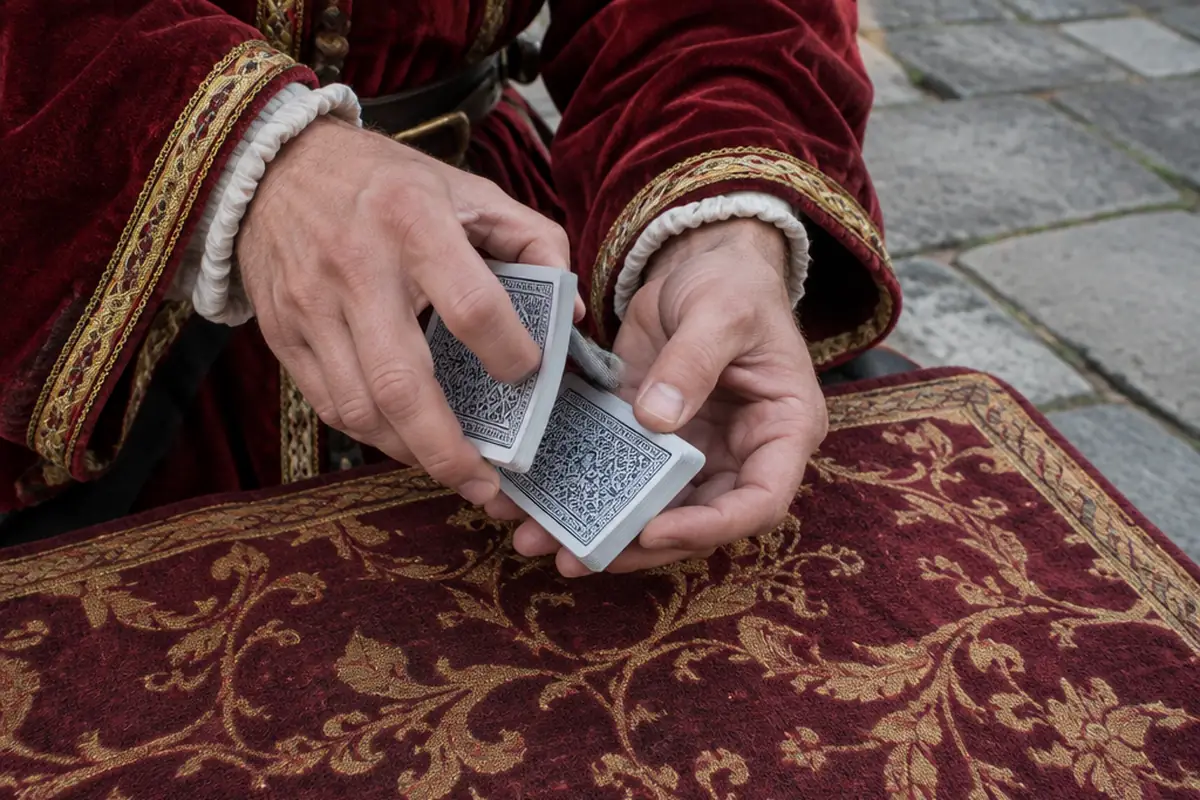 A performer's hands in costume sleeves shuffling a deck of cards over a cloth.