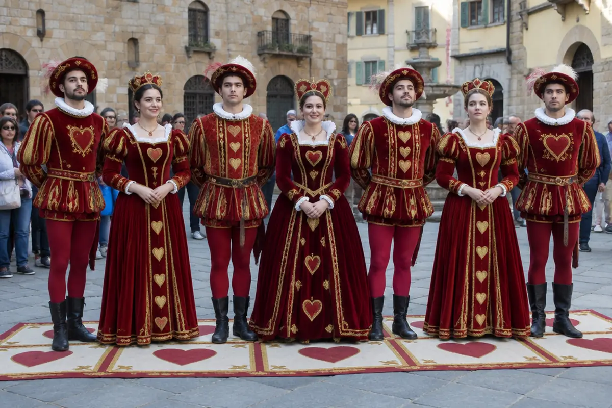 Seven performers in crimson and gold standing shoulder to shoulder in a row, like a run of cards.