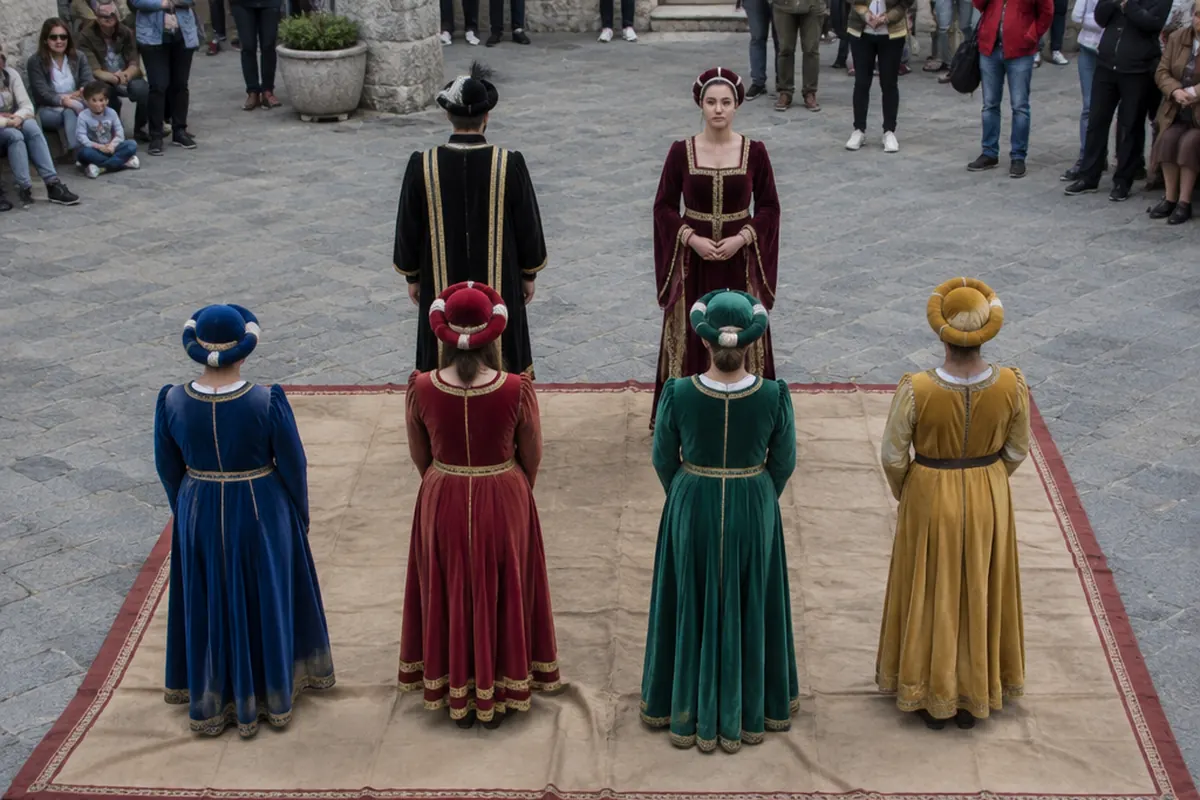 Six performers in two rows of three, four with their backs turned and two facing forward.