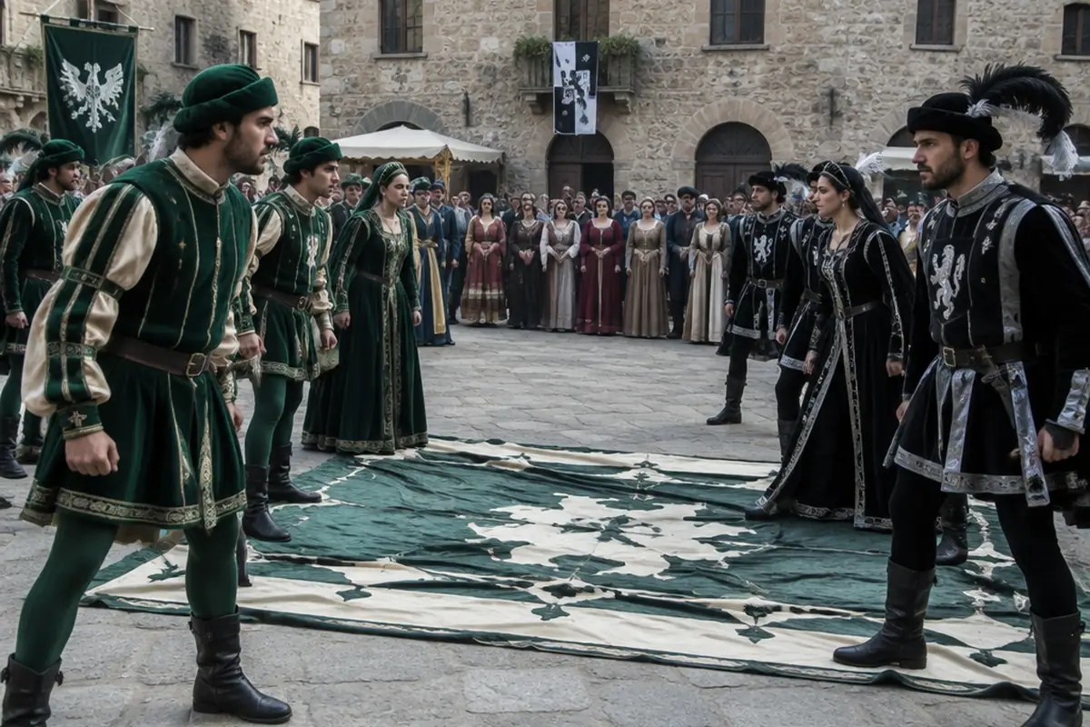 Two rival groups of performers facing each other across a cloth in the town square.