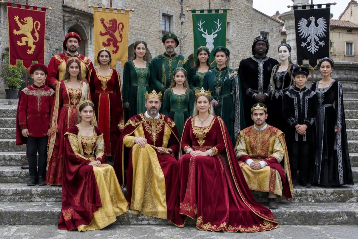 A group portrait of the whole troupe in costume on the steps of the town square.